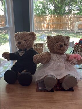 Build-A-Bear Brown Bride & Groom Bears in White Dress & Black Tux